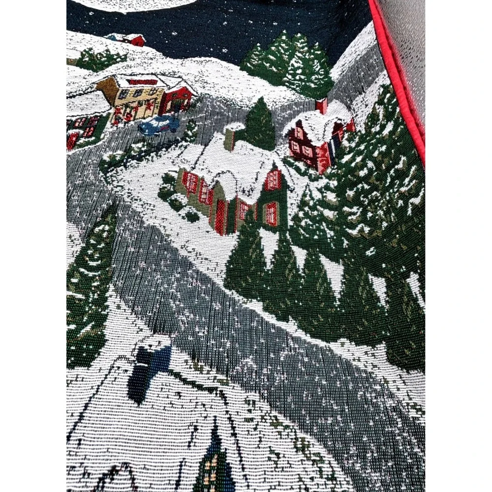 Vintage Christmas Tapestry Wall Hanging Scene Santa‎ Sleigh Snow Village